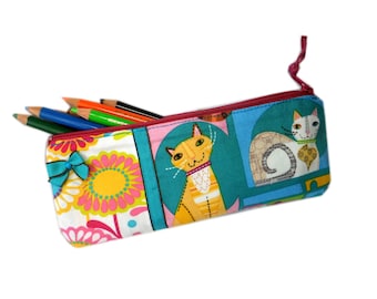 Trousse chat siamois amusant,Trousse crayons chat,Trousse maquillage turquoise,Fourre tout chat,Trousse chats fleurs hippie multicolore