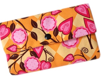 Pochette multifonction,portefeuille multi poches,porte cartes crédit, porte cartes commerciales,pochette coton fleurs hippie chic jaune rose