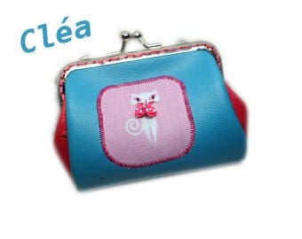 Porte monnaie femme, porte monnaie rétro, porte monnaie chat, porte monnaie bicolore, porte monnaie bleu rose, chat blanc, accessoire chat