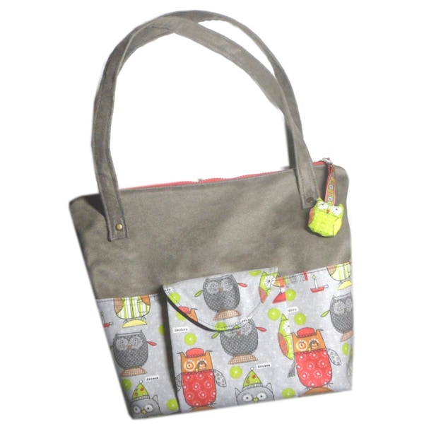 Sac cabas, sac femme, sac chouettes, sac créateur, sac vegan, chouettes, sac hiboux, sac oiseaux, sac animaux, sac gris, multicolore.