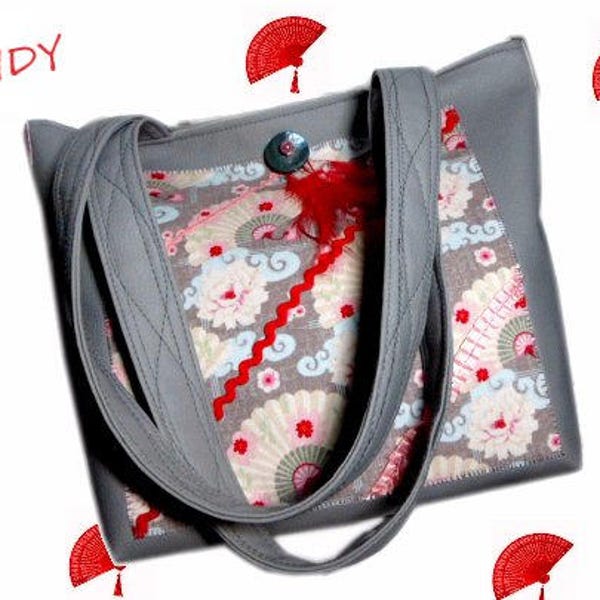 Sac cabas sac cabas tissu japonais sac cabas éventails sac bandoulière sac cabas gris rouge  fleurs japonaises sac cabas vegan original chic