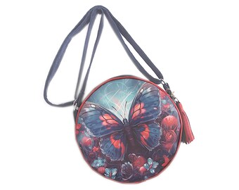 Round tambourine bag with blue and red butterfly pattern, magnificent print, original and chic gift