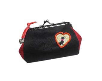 Porte monnaie femme, porte monnaie rétro, porte monnaie chat, chat noir, saint valentin, coeur,  fermoir rétro, style vintage, noir, rouge