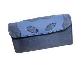 Pochette chat, pochette soirée, pochette mariage, pochette bleu jean, pochette vegan, pochette femme, cadeau femme, pochette originale