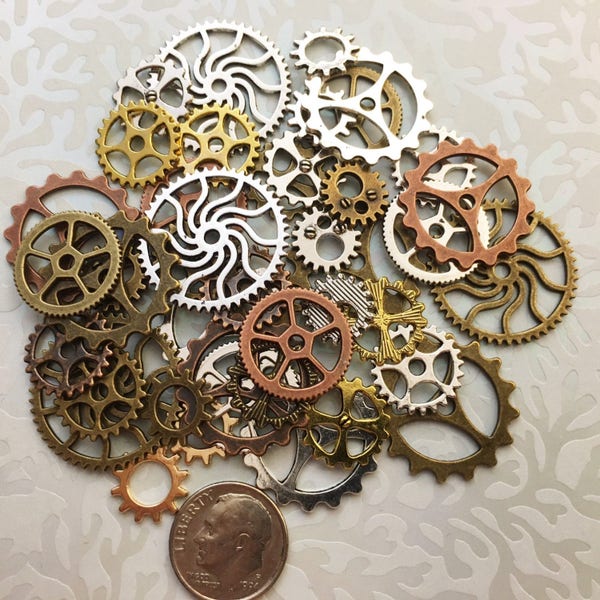 New Large Medium & Small Steampunk Gears Cogs Buttons Wheels Watch Parts Altered Art Brass Copper Silver Charms Jewelry Supplies Crafts