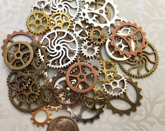 Steampunk Gears Cogs Buttons Watch Parts Altered Art Sprocket Clock Brass Silver Gold Copper Charms Jewelry Gothic Beads Supplies Crafts