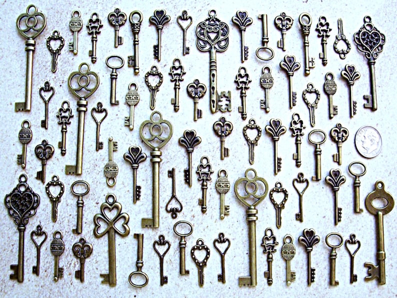 Old Brass Steampunk Skeleton Keys Charms Wedding Antique Beading Supplies Vintage Pendant Invitation Announcement Engagement Greeting Cards