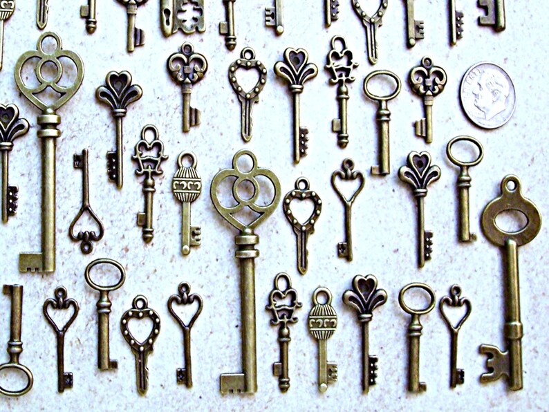 Old Brass Steampunk Skeleton Keys Charms Wedding Antique Beading Supplies Vintage Pendant Invitation Announcement Engagement Greeting Cards