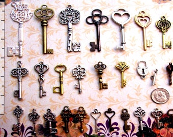 May include: Assortment of 20 antique-style skeleton keys in silver and gold tones. The keys are various sizes and shapes, including heart-shaped, ornate, and simple designs. Some keys have a lock attached.