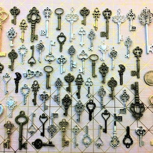 May include: A collection of antique-style keys in various colours and designs, including silver, gold, and bronze. The keys are arranged in a grid pattern on a pink and gold background.