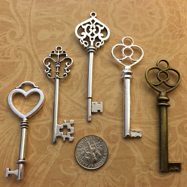 Replica Big New Skeleton Keys Charms Jewelry Steampunk Wedding Escort Place Cards Silver Favors Reproduction Vintage Antique Look Crafts