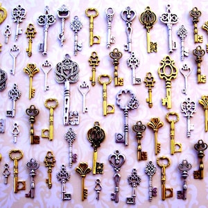 Reproduction Brass Silver & Gold Skeleton Keys Vintage Antique Replica Charm Jewelry Steampunk Wedding Bead Pendant Basket Tarot Crafts