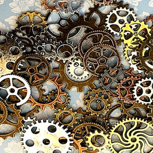 May include: A collection of antique-looking metal gears in various sizes and shapes. The gears are in shades of gold, silver, and bronze, and have intricate designs.