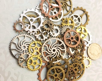 40 New Large Medium & Small Steampunk Gears Cogs Buttons Wheels Watch Parts Altered Art Brass Copper Silver Charms Jewelry Supplies Crafts