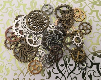 Gears Cogs Clock Sprocket Face Timer Teeth Steampunk Buttons Wheels Watch Parts Altered Art Brass Copper Silver Charm Jewelry Supplies Craft