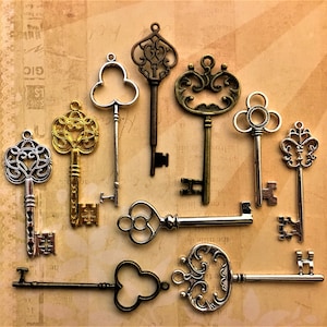May include: An assortment of decorative vintage keys in various metallic finishes, including gold, silver, and bronze. The keys feature ornate designs and are arranged on a textured, sepia-toned background, evoking a sense of history and nostalgia.