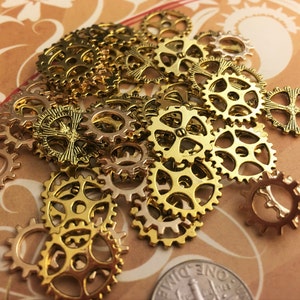 Gears Gold Steampunk Cogs Sprocket Buttons Wheels Watch Clock Gearing Face Hands Altered Art Charms Clockwork Spindle Gothic Teeth Crafts