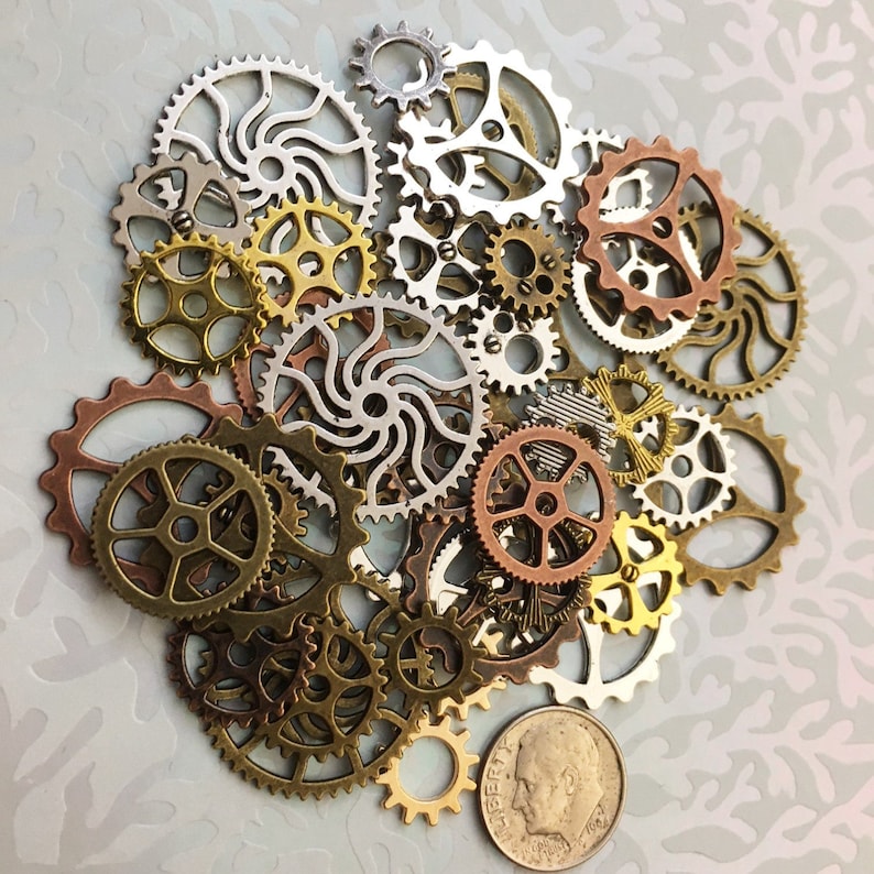 New Large Medium & Small Steampunk Gears Cogs Buttons Wheels Watch Parts Sprocket Brass Copper Silver Charms Jewelry Supplies Crafts Time image 4