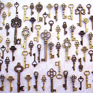 Lindo réplica de chaves de esqueleto, joias antigas vintage, amuletos por atacado, steampunk, punk, portão de igreja, fechadura, caixa de peito, cartão de contas de piano