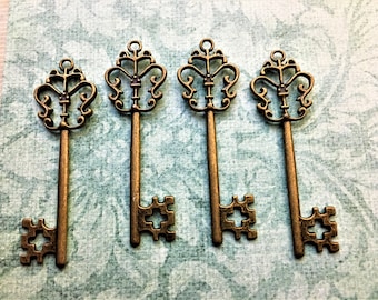 Brass Replica 2.5” Large Skeleton Keys Steampunk Jewelry Bead Charms Pendant Costume Cosplay Dress Up Disguise Dungeon Display Necklace Wear