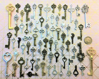 68 Bulk Lot Skeleton Keys Vintage Antique Look Replica Charms Jewelry Steampunk Wedding Bead Supplies Pendant Collection Reproduction Craft