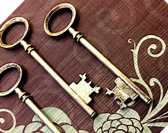 Big 3" Replica Skeleton Keys Silver Charm Jewelry Steampunk Wedding Place Cards Beads Vintage Jewelry Antique Keys Costume Cosplay Ring