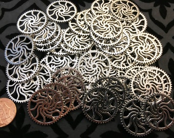 Silver Spiral 1" Gears Twisted Bulk Lot Steampunk Cogs Buttons Wheels Clock Watch Parts Altered Art Charms  Gothic Beads Supplies Crafts