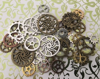 Clock Gears Cogs Sprocket Face Timer Teeth Steampunk Buttons Wheels Watch Parts Altered Art Brass Copper Silver Charm Jewelry Supplies Craft