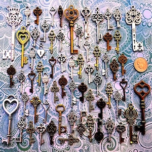 May include: A collection of antique-style skeleton keys in silver and gold tones. The keys are arranged in a grid pattern on a blue and white paisley patterned background.