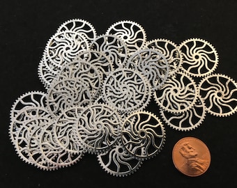 Pinwheel Spiral Silver Gears 1" Big Large Twisted Cogwheel Sprocket Cogs Buttons Wheels Watch Parts Clock Hands Face Charms Jewelry Crafts