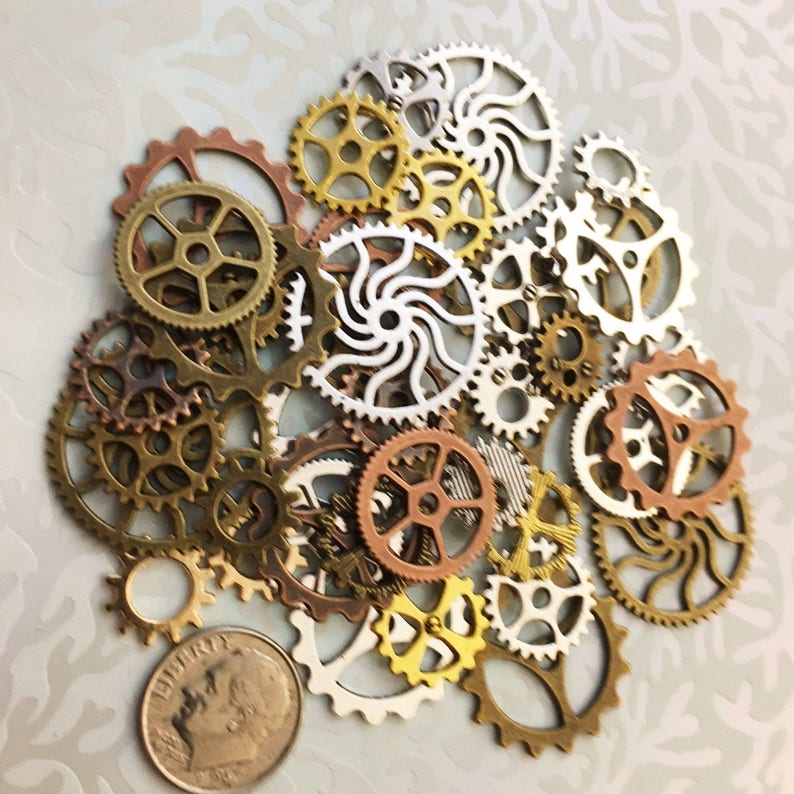 New Large Medium & Small Steampunk Gears Cogs Buttons Wheels Watch Parts Sprocket Brass Copper Silver Charms Jewelry Supplies Crafts Time image 3