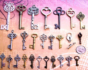 Replica Steampunk Skeleton Keys Large Medium Small Fancy Charms Wedding Beads Pendant Collection Valentines Spring Seasonal Vintage Antique