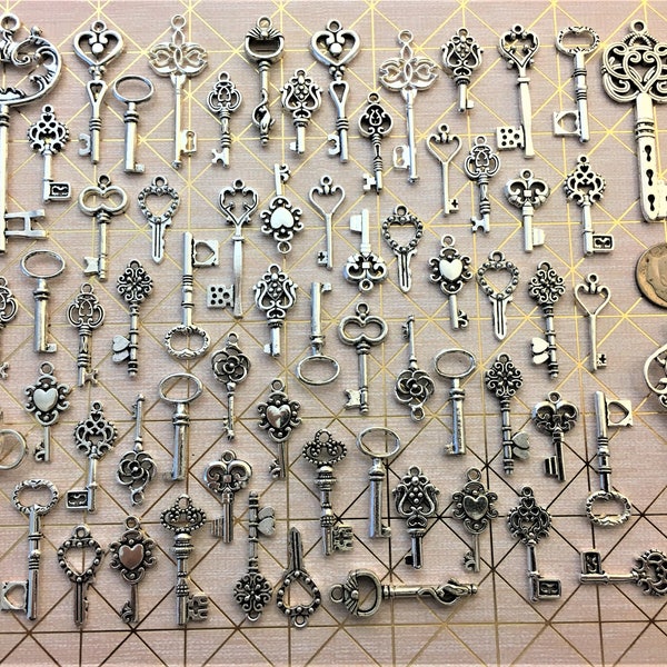 Replica Brass Gold & Silver Vintage Antique Skeleton Keys Old Estate Cabinet Chest Charm Jewelry Steampunk Wedding Bead Pendant Craft Flying