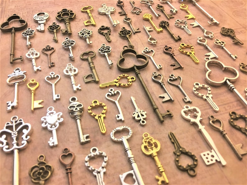 Mixed Lot New Keys Vintage Skeleton Charms Antique Jewelry Steampunk Wedding Bridal Shower Invitation Favor Gift Bead Supplies Pendant Craft