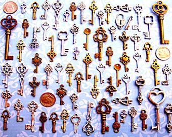 128 Skeleton Keys Bulk Vintage Antique Look Replica Charm Jewelry Steampunk Wedding Bead Supplies Pendant Collection Reproduction Craft