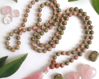 Mala de 108 cuentas de unakita, collar de oración de cristal verde y rosa, cuentas de meditación del chakra del corazón, rosario de piedras preciosas anudadas, regalo espiritual