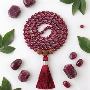 Ruby Mala Necklace – 108 Raw Gemstone Prayer Beads for Vitality, Passion, Root Chakra Grounding – Sacred Yoga Meditation Jewelry
