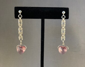 Silver Chainmail and Pink Swarovski Crystal Heart Earrings