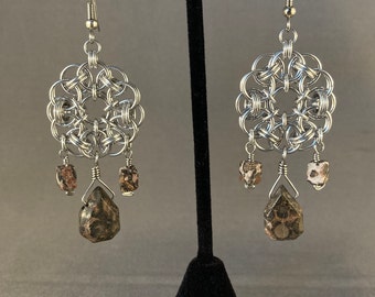 Helm Chain & Leopardskin Jasper Chainmail Earrings