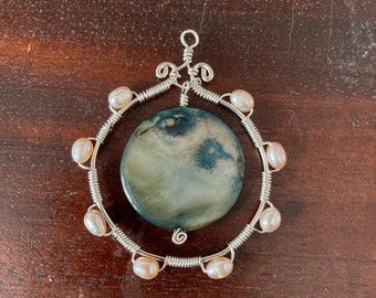 Black Lip Shell, Freshwater Pearl, and Silver Pendant