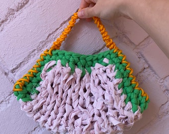 Mini Knitted and Crocheted Pink, Green and Orange Fabric Yarn Bag