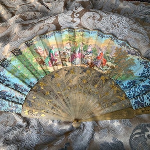 Antique 1860-1880 Double Sided Hand Fan with Victorian Scene