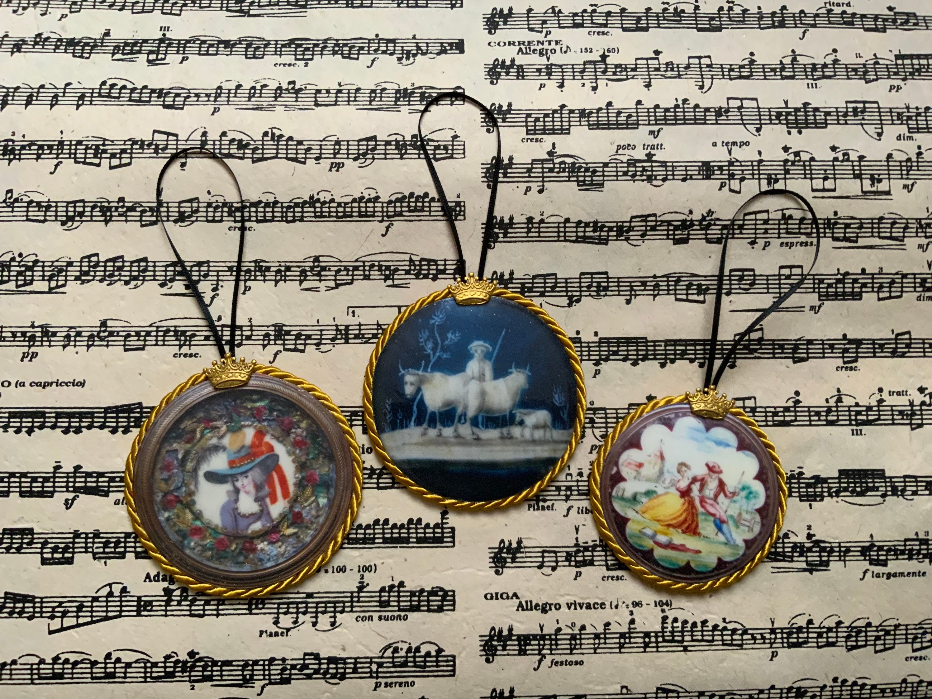 3 Handmade Hanging Decorations from 18th Century Snuff Boxes Set 2