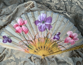 Vintage 60’s Hand Fan with Pink & Purple Hand Painted Flowers