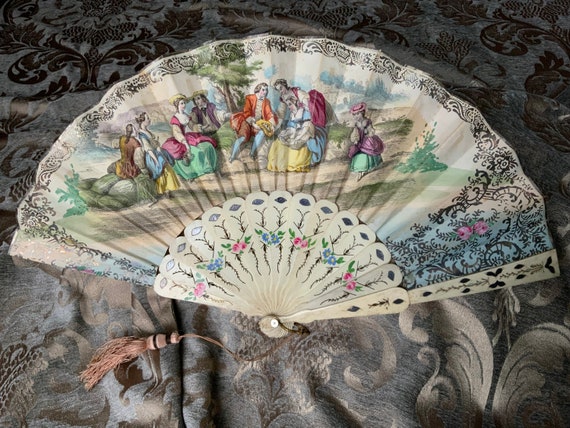 Antique 1860-1880 Victorian Double Sided Hand Fan - image 1