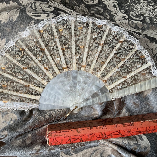 Antique 1960’s Lace Hand Fan with Original Box