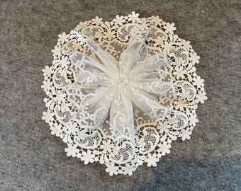 Handmade cream lace doily head cover, women's kippah, lady's yarmulke, hair covering (w/  attached comb)(Style 4031) Elegant Doily Exclusive