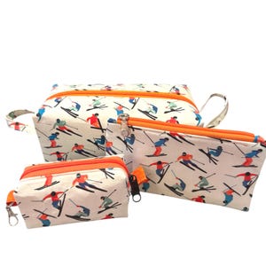 Skiing Theme Handmade Toiletry Bag, Dopp Bag, Zippered Pouch, Lined Boxy Pouch, Cosmetics Bag, Dopp Kit, Travel Bag, Toiletry Storage (B146)