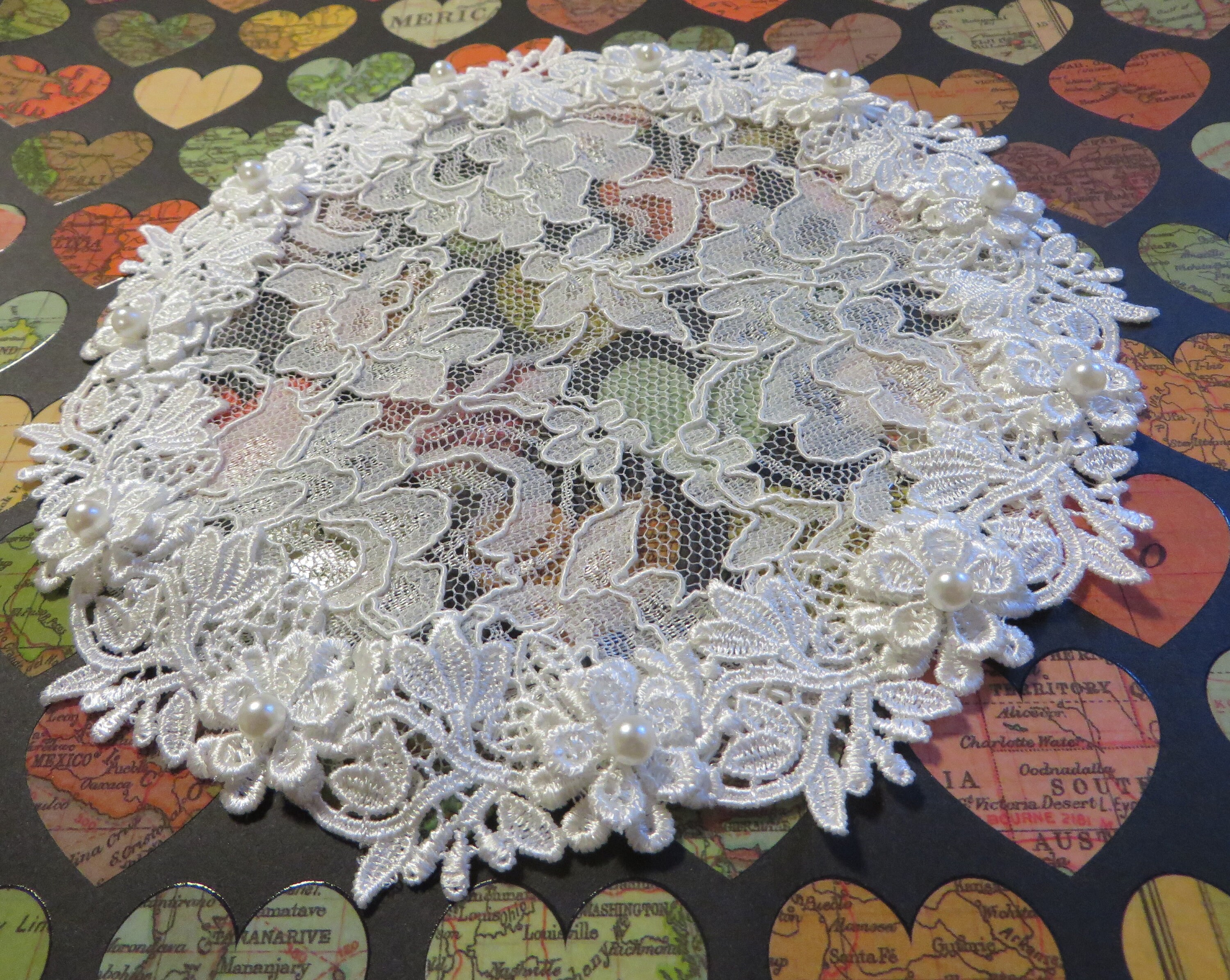 Handmade Cream Lace Doily Head Covering With Pearls, Kippah, Yarmulke