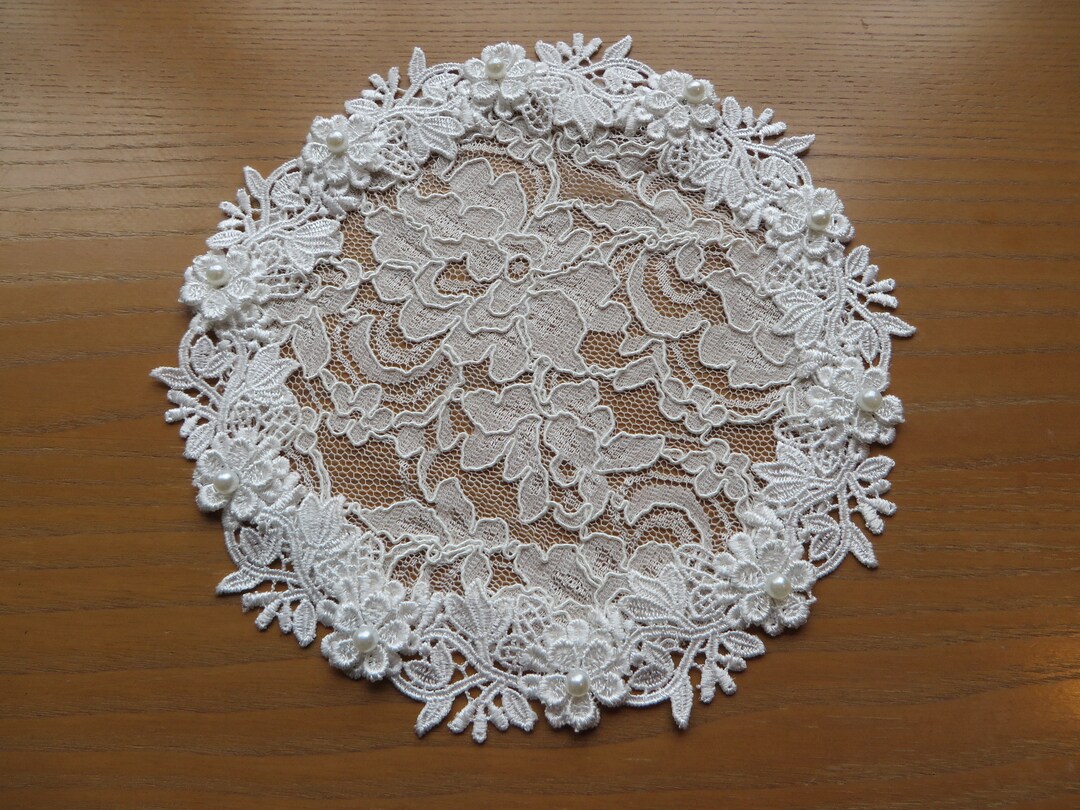 Handmade Cream Lace Doily Head Covering With Pearls, Kippah, Yarmulke